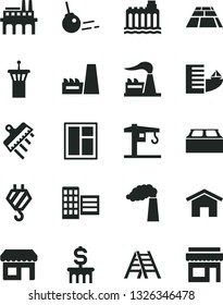 Solid Black Vector Icon Set - crane vector, hook, window, ladder, city block, building, spatula, paving slab, core, home, manufacture, factory, hydroelectricity, thermal power plant, kiosk, hotel
