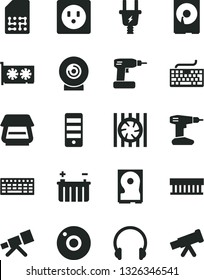 Solid Black Vector Icon Set - camera vector, keyboard, cordless drill, headphones, lens, battery, electric plug, socket, SIM, radiator fan, pc tower, gpu card, hdd, scanner, telescope