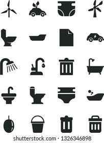 Solid Black Vector Icon Set - bin vector, clean sheet of paper, diaper, nappy, children's bathroom, bath, bucket, washbasin, toilet, comfortable, shower, kitchen faucet, passion fruit, windmill