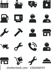 Solid Black Vector Icon Set - workman vector, building trolley, hammer, operator, shipment, gas station, battery, builder, canister of oil, repair key, kiosk, stall, phone call, Express delivery