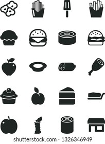Solid Black Vector Icon Set - sausage vector, canned goods, tin, big burger, cake, muffin, piece of, slice, a plate milk, chicken thigh, French fries, fried potato slices, popcorn, popsicle, apple