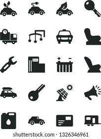 Solid Black Vector Icon Set - toys over the cot vector, Baby chair, car child seat, key, pass card, delivery, big solar panel, modern gas station, battery, canister of oil, eco, electric, retro