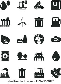 Solid Black Vector Icon Set - bin vector, drop, bag with handles, working oil derrick, leaf, gas station, windmill, factory, hydroelectricity, trees, industrial building, thermal power plant, CO2