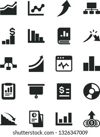Solid Black Vector Icon Set - bar chart vector, graph, positive histogram, cardiogram, recession, a crisis, statistical report, scheme, hierarchical, article on the dollar, ring diagram, research