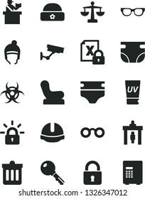 Solid Black Vector Icon Set - scales vector, diaper, nappy, Baby chair, winter hat, warm, construction helmet, dust bin, lock, key, encrypting, glasses, biohazard, security gate, passort control