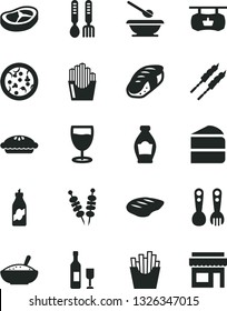 Solid Black Vector Icon Set - plates and spoons vector, plastic fork, iron, fried vegetables on sticks, pizza, piece of cake, pie, a bowl rice porridge, bacon, chop, barbecue, French fries, sushi