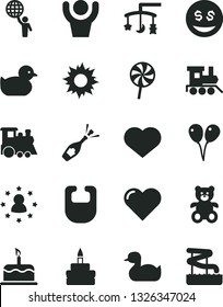 Solid Black Vector Icon Set - heart symbol vector, toys over the cradle, bib, rubber duck, baby duckling, teddy bear, toy train, children's, colored air balloons, cake, birthday, lollipop, hands up