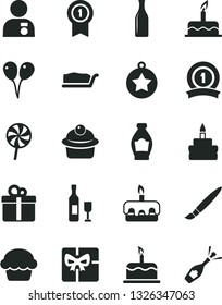 Solid Black Vector Icon Set - tassel vector, colored air balloons, cake, gift, muffin, slice, torte, birthday, lollipop, bottle, Glass, giftbox, man with medal, star, pennant, ribbon, wine