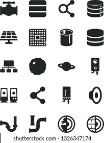 Solid Black Vector Icon Set - loudspeaker vector, sewerage, boiler, electronic, big data, planet, cabbage, solar panel, valve, water pipes, processor, connection, connections, scheme, pc speaker