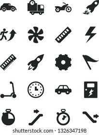 Solid Black Vector Icon Set - truck lorry vector, lightning, wind direction indicator, motor vehicle, child Kick scooter, dangers, timer, delivery, marine propeller, retro car, rocket, space, memory
