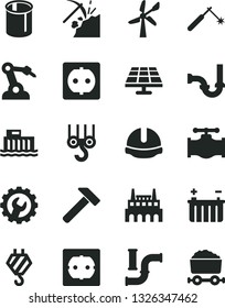 Solid Black Vector Icon Set - hook vector, winch, sewerage, power socket type f, construction helmet, gear, hammer, solar panel, coal mining, wind energy, valve, water pipes, battery, welding