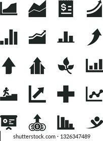 Solid Black Vector Icon Set - upward direction vector, plus, line chart, graph, growth, positive histogram, leaves, bar, article on the dollar, financial report, carrer stairway, arrow, arrows, up