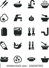 Solid Black Vector Icon Set - deep plate with a spoon vector, plates and spoons, plastic fork, iron, siphon, knife, faucet mixer, kitchen, bowl of rice porridge, in saucepan, lettuce, barbecue, jar