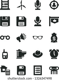 Solid Black Vector Icon Set - desktop microphone vector, floppy disk, hat, camera roll, new abacus, toy mobile phone, estimate, alarm clock, windmill, vintage sign, man in sight, loudspeaker, column