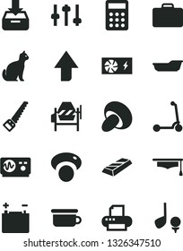 Solid Black Vector Icon Set - upward direction vector, bath, children's potty, child Kick scooter, concrete mixer, arm saw, put in a box, porcini, mashroom, accumulator, calculator, pc power supply