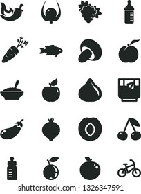 Solid Black Vector Icon Set - feeding bottle vector, measuring for, porcini, a bowl of buckwheat porridge, chili, fish, glass tea, cherry, ripe peach, branch grape, apricot, plum, fig, medlar, bike