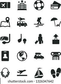 Solid Black Vector Icon Set - earth vector, car baggage, sail boat, backpacker, identity card, passenger, plane ticket, departure, credit, arnchair under umbrella, hawaii wreath, diving mask, hotel