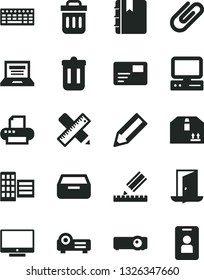 Solid Black Vector Icon Set - laptop vector, city block, writing accessories, drawing, notebook, screen, pass card, drawer, cardboard box, clip, pencil, computer, keyboard, printer, trash bin