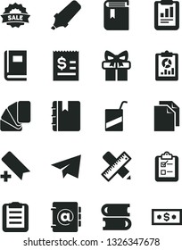 Solid Black Vector Icon Set - add bookmark vector, paper airplane, clean, book, e, books, sample of colour, writing accessories, notebook, address, survey, statistical report, overview, gift, sale