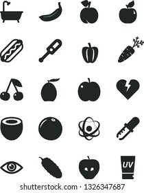 Solid Black Vector Icon Set - electronic thermometer vector e, bath, broken heart, eye, Hot Dog, cucumber, cherry, peach, apple, apricot, tasty, loquat, banana, half of coconut, grapefruit, carrot