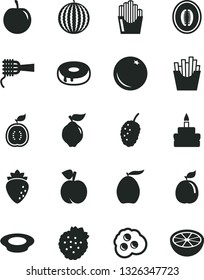 Solid Black Vector Icon Set - noodles vector, birthday cake, with a hole, plate of milk, French fries, fried potato slices, omelette, strawberries, orange, peach, quince, raspberry, tasty mulberry