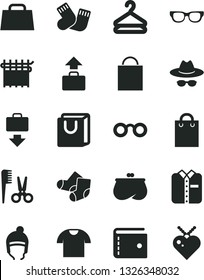 Solid Black Vector Icon Set - paper bag vector, purse, hat with glasses, accessories for a hairstyle, warm socks, Knitted, winter, handles, T shirt, folded, hanger, cloth industry, hand, baggage