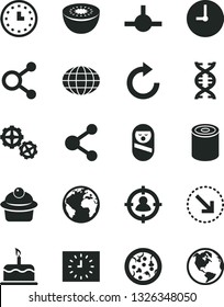 Solid Black Vector Icon Set - sign of the planet vector, clockwise, roly poly doll, gears, wall clock, cake, right bottom arrow, tin, pizza, muffin, kiwi, connection, connections, man in sight, dna