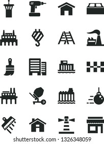 Solid Black Vector Icon Set - house vector, hook, big core, concrete mixer, cordless drill, wooden paint brush, ladder, buildings, ceramic tiles, building block, spatula, home, factory, industrial