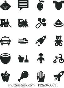 Solid Black Vector Icon Set - image of thought vector, Child T shirt, baby rattle, toy sand set, teddy bear, funny hairdo, train, children's, bicycle, car, onion, chicken leg, peper, lemon, robot