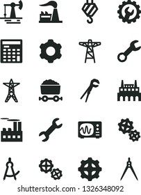 Solid Black Vector Icon Set - hook vector, gears, cogwheel, adjustable wrench, gear, working oil derrick, factory, power line, pole, industrial building, trolley with coal, engineer calculator