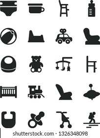 Solid Black Vector Icon Set - baby cot vector, toys over the cradle, dummy, feeding bottle, diaper, bib, chair, car child seat, sitting stroller, bath ball, motor vehicle present, children's potty