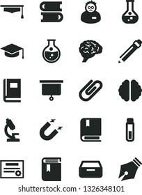 Solid Black Vector Icon Set - graphite pencil vector, book, e, books, drawer, square academic hat, clip, round flask, magnet, test tube, microscope, brain, scientist, graduate, presentation board