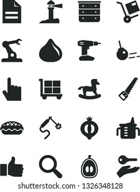 Solid Black Vector Icon Set - cargo trolley vector, scribbled paper, magnifier, chest of drawers, measuring cup for feeding, small rocking horse, drill, arm saw, core, index finger, shipment, fig