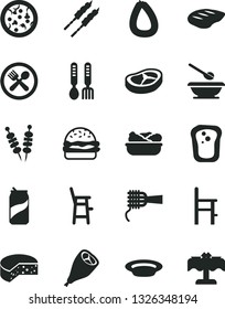 Solid Black Vector Icon Set - plates and spoons vector, a chair for feeding, child, iron fork, stick of sausage, cheese, fried vegetables on sticks, pizza, burger, noodles, lettuce in plate, bacon