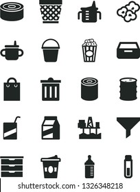 Solid Black Vector Icon Set - wicker pot vector, bin, storage unit, mug for feeding, measuring cup, bottle, e, bucket, drawer, package, canned goods, tin, popcorn, of, coffe to go, barrel, filter