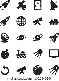 Solid Black Vector Icon Set - monitor vector, counterclockwise, bath ball, earth, artificial satellite, rocket, hdd, telescope, antenna, saturn, lunar rover, flag on moon, first