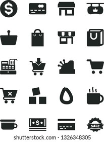 Solid Black Vector Icon Set - bank card vector, children's potty, cubes for children, put in cart, crossed, bag with handles, kiosk, stick of sausage, cup tea, stall, shopping, basket, front the