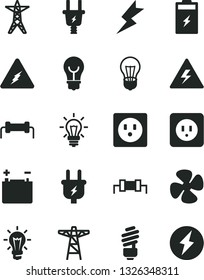 Solid Black Vector Icon Set - danger of electricity vector, saving light bulb, power socket type b, lightning, fan screw, charging battery, accumulator, line, pole, plug, electric, resistor
