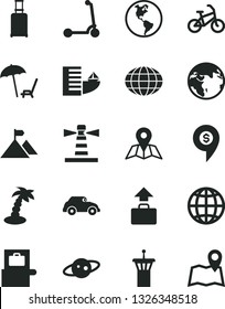 Solid Black Vector Icon Set - child Kick scooter vector, map, earth, planet, retro car, lighthouse, globe, saturn, mountain flag, dollar pin, bike, airport tower, rolling suitcase, baggage scanner