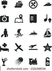 Solid Black Vector Icon Set - plane vector, train, sail boat, backpacker, passenger, getting baggage, departure, cocktail, hospital bed, cafe, starfish, camera, map, safe, golf, jet ski, cruiser