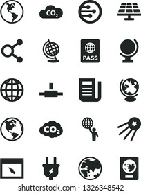 Solid Black Vector Icon Set - globe vector, earth, passport, solar panel, planet, plug, CO2, carbon dyoxide, connections, newspaper, network, browser, connect, man hold world, first satellite