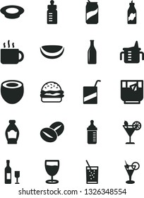 Solid Black Vector Icon Set - measuring cup for feeding vector, bottle, e, burger, a plate of milk, coffee beans, tea, glass soda, cocktail, can, liquor, piece coconut, half, wine