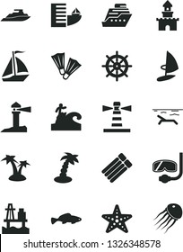 Solid Black Vector Icon Set - small fish vector, sea port, lighthouse, coastal, sand castle, sail boat, hotel, beach, palm tree, starfish, flippers, diving mask, surfing, handwheel, cruiser, yacht