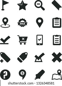 Solid Black Vector Icon Set - bookmark vector, zoom out, cross, add label, pennant, question, star, crossed cart, location, geolocation, text highlighter, sale, clipboard, vote check, confirm, map