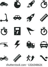 Solid Black Vector Icon Set - lightning vector, stopwatch, wind direction indicator, motor vehicle, child Kick scooter, dangers, timer, car, delivery, retro, rocket, space, memory, man arrow up
