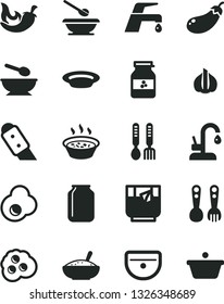 Solid Black Vector Icon Set - deep plate with a spoon vector, plates and spoons, plastic fork, iron, sink, knife, faucet mixer, kitchen, bowl of rice porridge, in saucepan, chili, glass tea, jar jam