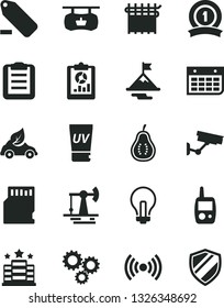 Solid Black Vector Icon Set - incandescent lamp vector, remove label, toy mobile phone, part of guava, working oil derrick, cloth industry, eco car, antique advertising signboard, three gears, hotel