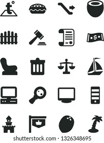 Solid Black Vector Icon Set - hammer of a judge vector, scales, Baby chair, hedge, temperature, dust bin, apple pie, half coconut, vintage sign, magnifying glass, dollar, research article, computer