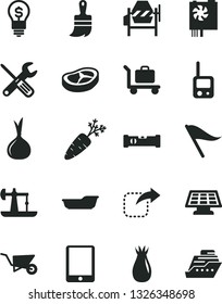 Solid Black Vector Icon Set - wind direction indicator vector, bath, toy phone, building trolley, concrete mixer, small tools, wooden paint brush, construction level, move right, bacon, rose hip
