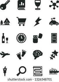 Solid Black Vector Icon Set - clock face vector, footprints, key, interroom door, lightning, heating coil, cart, glass, electric car, book on statistics, usb flash, molecule, zoom, brain, wine